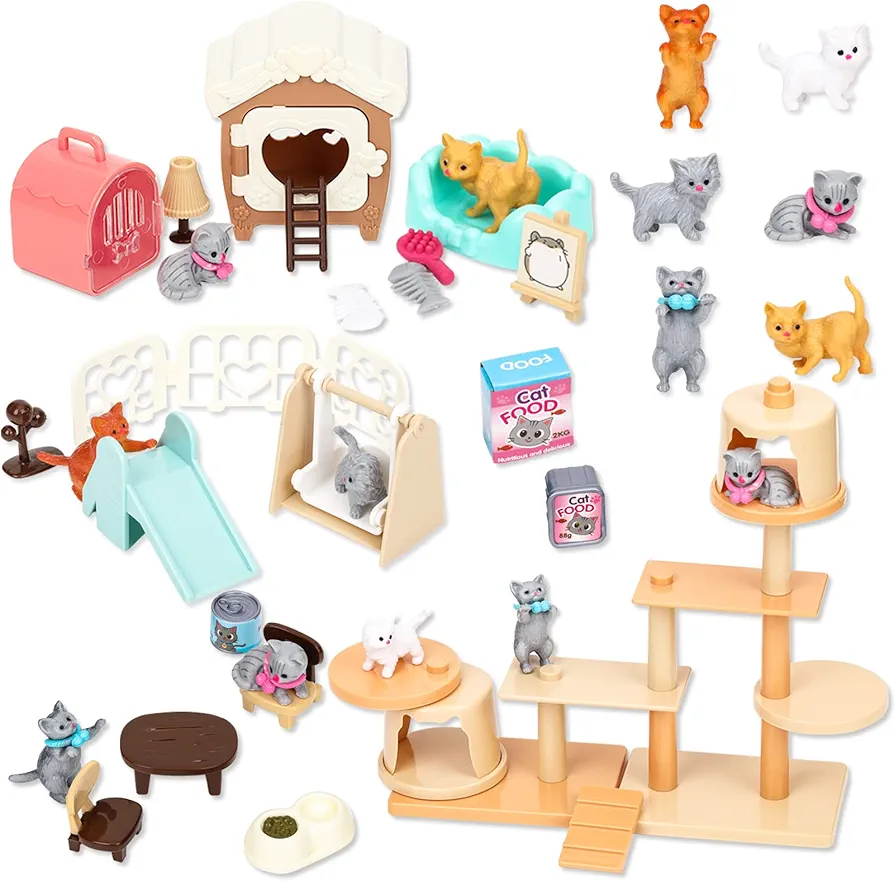 TQQFUN 43-Piece Cat Figurine Playset - Realistic Pet Care Center Role Play Toys for Kids, Toddlers, Boys and Girls