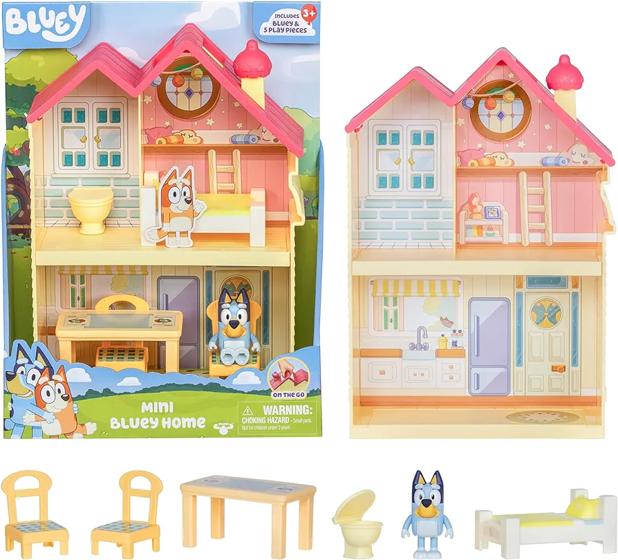 BLUEY Mini Home Playset | Compact House Playset with Carry Handle | Three Different Rooms | Kitchen, Bedroom and Bathroom | includes Figure with 5 Play Pieces