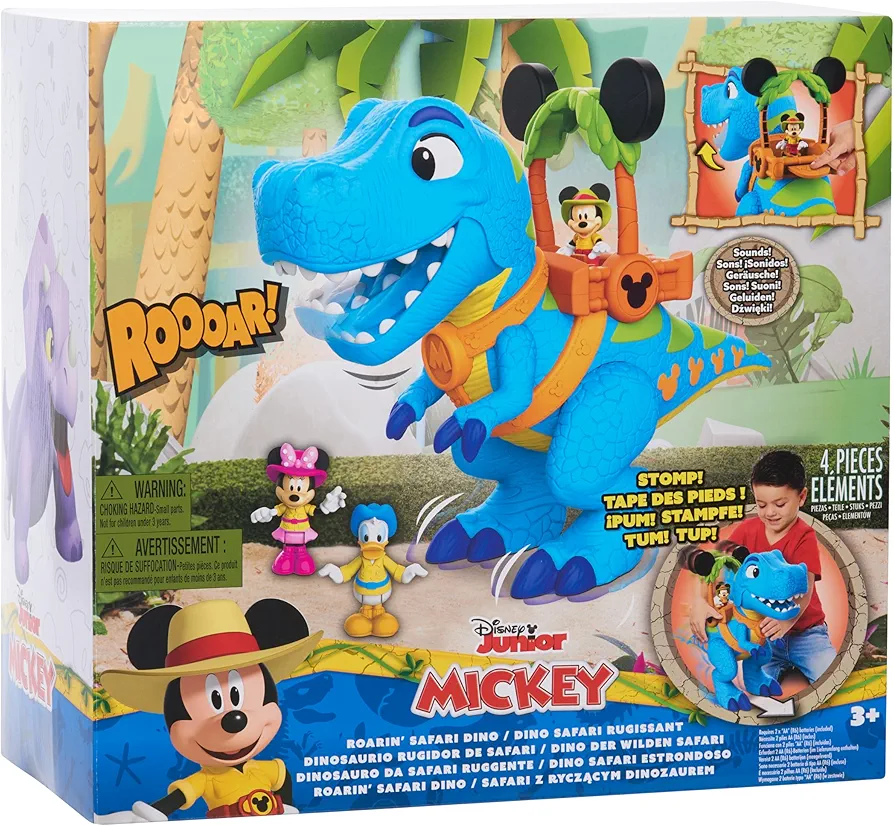 Disney Junior Mickey Mouse Funhouse Roarin' Safari Dino, 4-piece Figures and Playset, Dinosaur