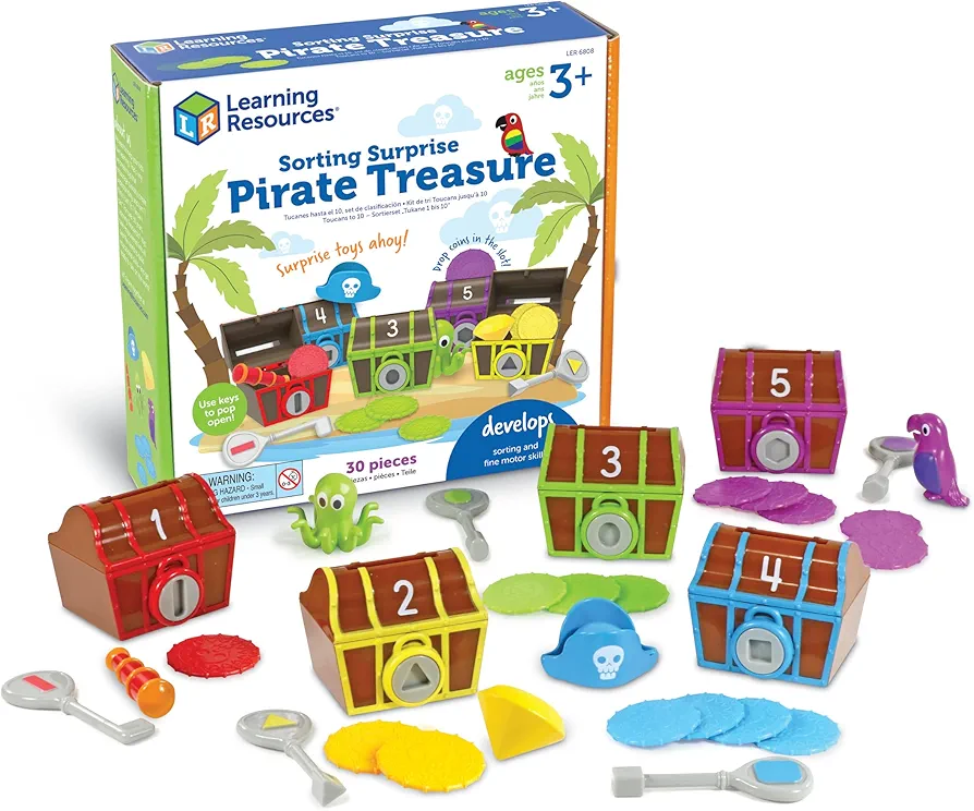 Learning Resources Sorting Surprise Pirate Treasure - 30 Pieces, Ages 3+ Color, Sorting & Matching Skills Toy, Fine Motor Skills Toys for Toddlers, Preschool Learning Toys