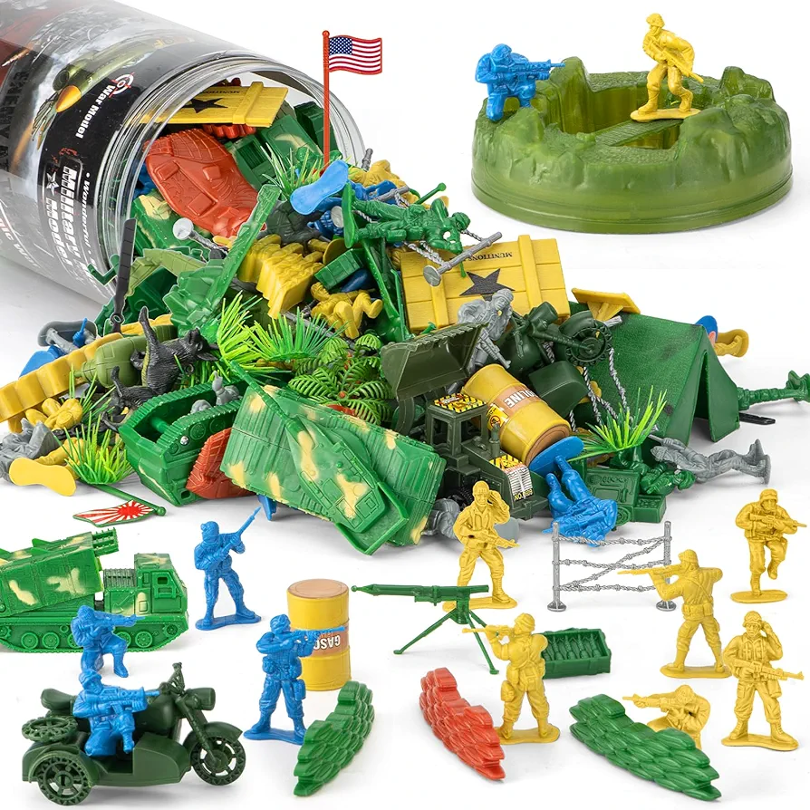 100 Pcs Army Men Toys for Boys with Map in Bucket, World War II WW2 Military Toy Soldier Action Figures Battlefield Playset and Accessories