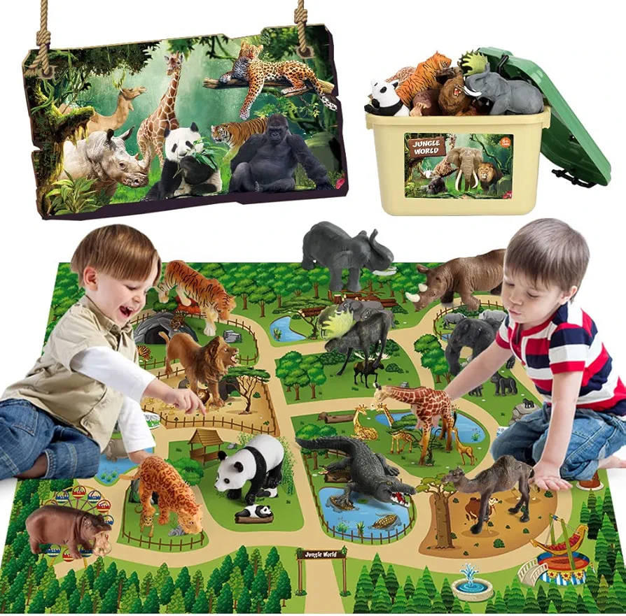 Mini Tudou 12 Pcs Safari Animals Figures Toys w/ 57x38.6’’ Large Activity Play Mat, Realistic Jumbo Jungle Wild Zoo Animals Figurines Playset w/Elephant, Giraffe, Lion for Kids Boys