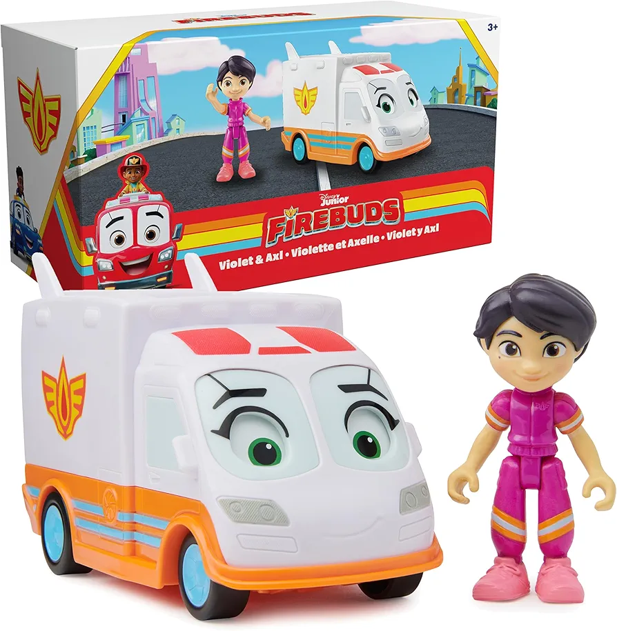 Disney Junior Firebuds, Violet and Axl, Action Figure and Ambulance Toy with Interactive Eye Movement, Kids Toys for Boys and Girls Ages 3 and up