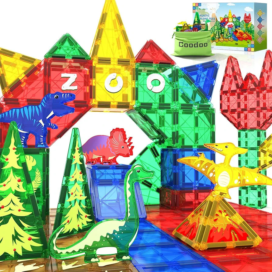 Dinosaur Toys Magnetic Tiles Building Blocks Kids Toys - Dinosaur World STEM Magnet Toys for Toddlers Creative Construction Play for 3+ Year Old Boys Girls Ideal Preschool Learning Sensory Toys