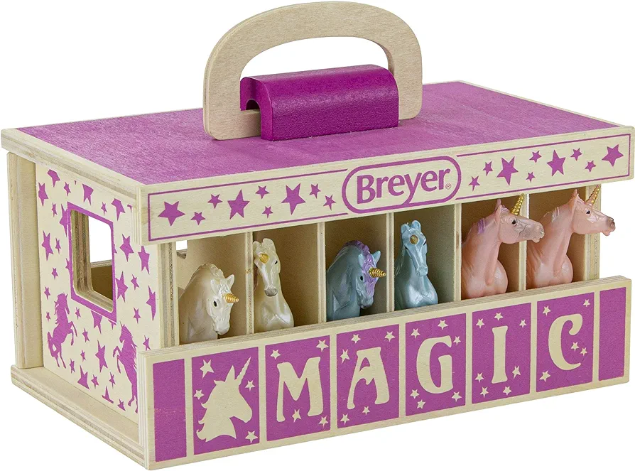 Breyer Horses Unicorn Magic Wooden Stable Playset with 6 Unicorns | 6 Piece | 6 Stablemates Unicorns Included | 6” H x 9” L x 2.5” D | 1:32 Scale | Model #59218, Multicolor