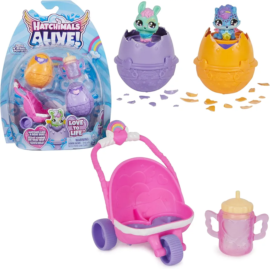 Hatchimals Alive, Hatch N’ Stroll Playset with Stroller Toy and 2 Mini Figures in Self-Hatching Eggs, Kids Toys for Girls and Boys Ages 3 and up