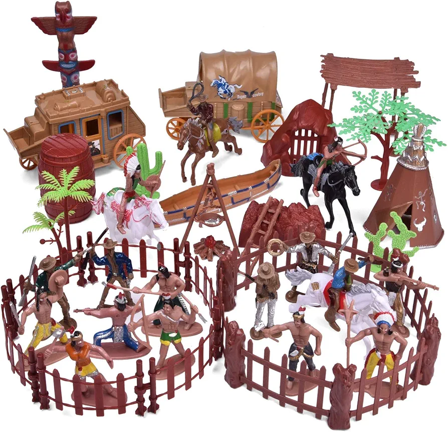 FUN LITTLE TOYS 61 PCs Wild West Cowboys and Indians Plastic Figures Toys, Toy Soldiers for Kids, Wild West Figure Playset with Horse, Tent, Army Men Boy's War Game, Educational Toys, Birthday Gift