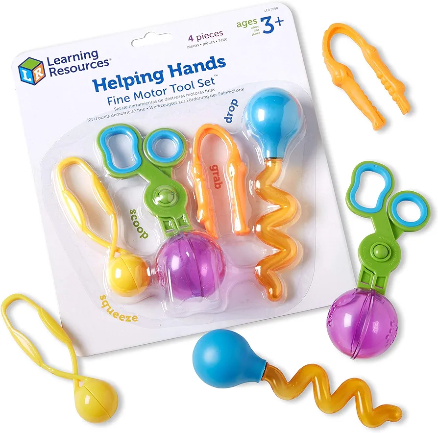 Learning Resources Helping Hands Fine Motor Tool Set Toy - 4 Pieces, Ages 3+ Fine Motor and Sensory Play Toys, Toddler Tweezers, Sensory Bin Toys