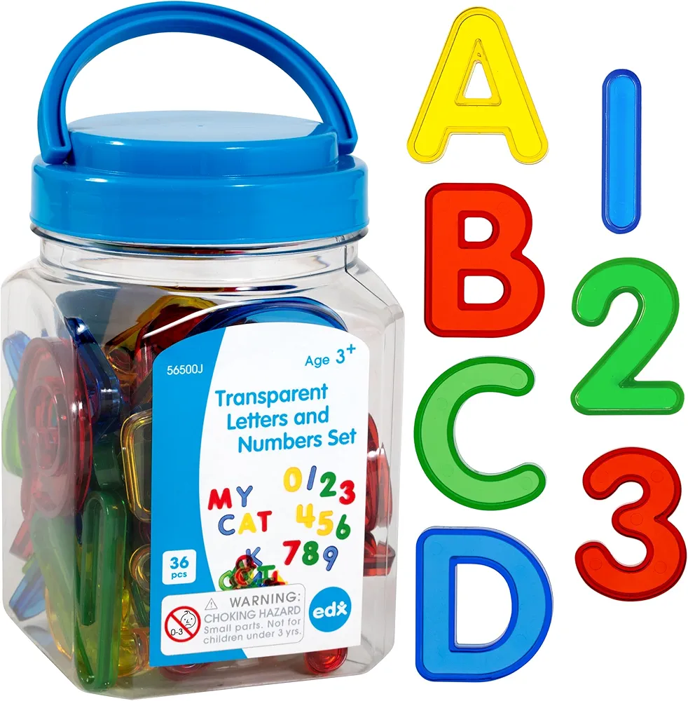 edxeducation Transparent Letters and Numbers - Mini Jar - Colorful, Plastic Letters and Numbers - Light Box Accessory - Sensory Play - Practice Counting and Spelling