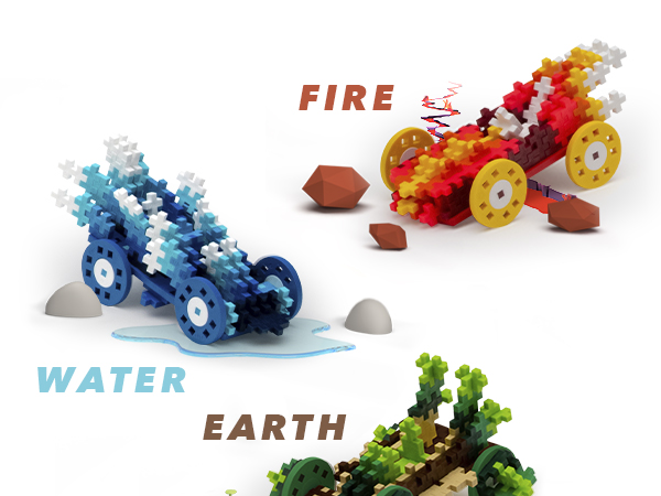 Fire themed car, Water themed car and Earth themed car