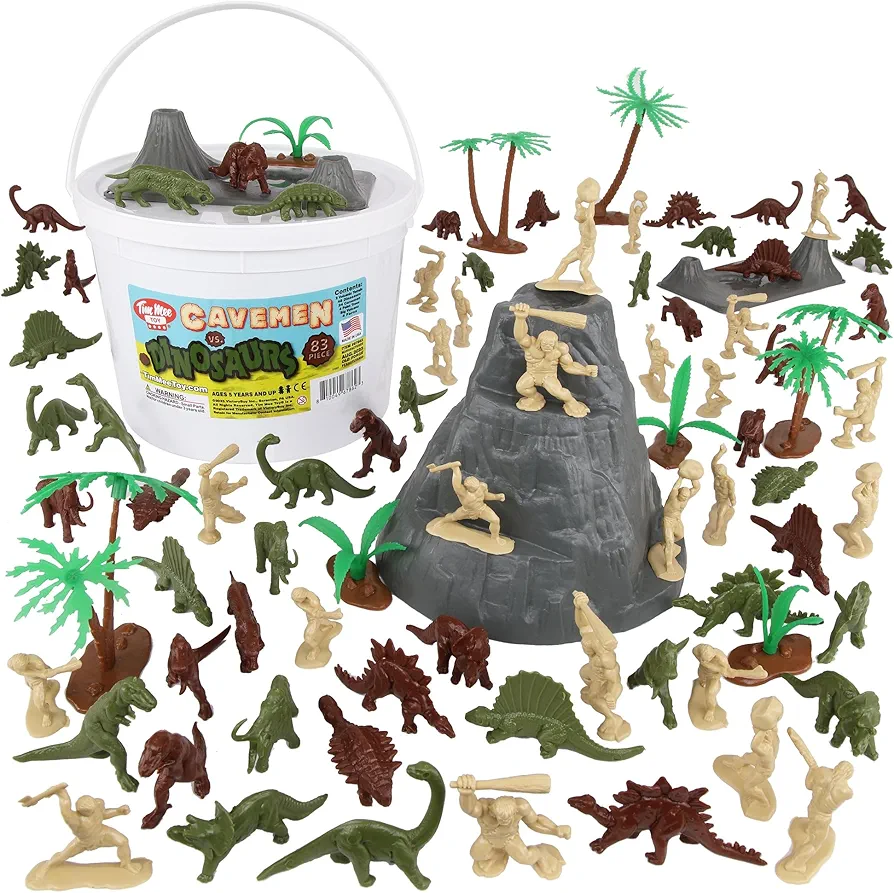 TimMee Bucket of Prehistoric DINOSAUR & CAVEMAN - 83pc Plastic Figures & Terrain