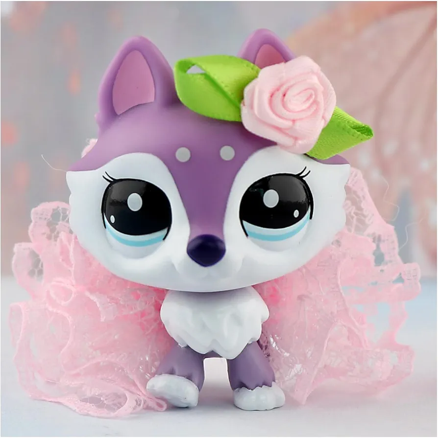 Lovely Little Toys More Choices, Collie Shorthair Cat Dachshund Dog Cocker Spaniel Kitten Husky Deer Fox Mini pet Figure and Accessories for Kids Girls (Light Purple Husky)