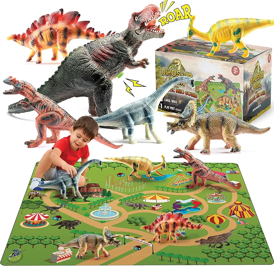 6 Large Dinosaur Toys for Boys & Girls, Kids 3+ - Includes 6 Dinosaurs 10 - 13 Inches + Activity Play Mat 12 + Roar Sound ,- Educational Children Play Set