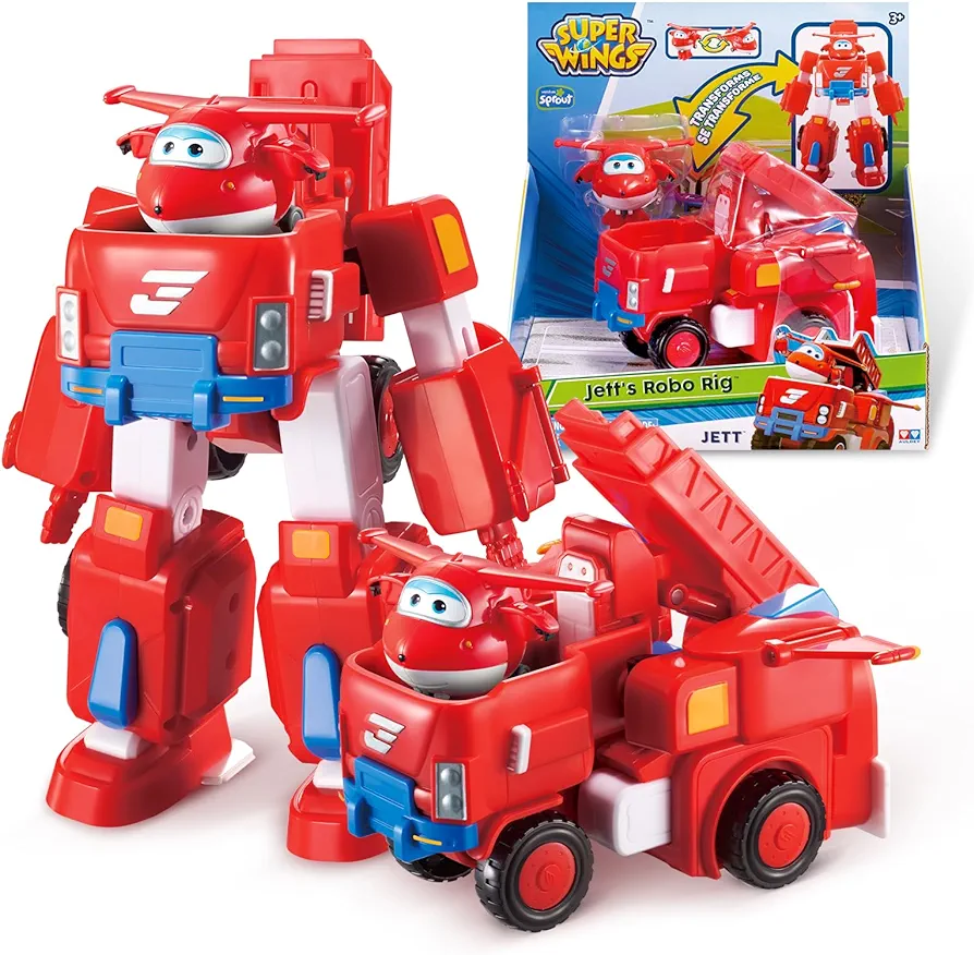 Super Wings Transformer Toys, 7" Jett Robot Suit and 2” Scale Transforming Jett Mini Action Figure,2-IN-1 Mode Vehicle and Robot,Fire Truck Toy Vehicle Playset for Kids 3+,Gifts for Boys and Girls,Red