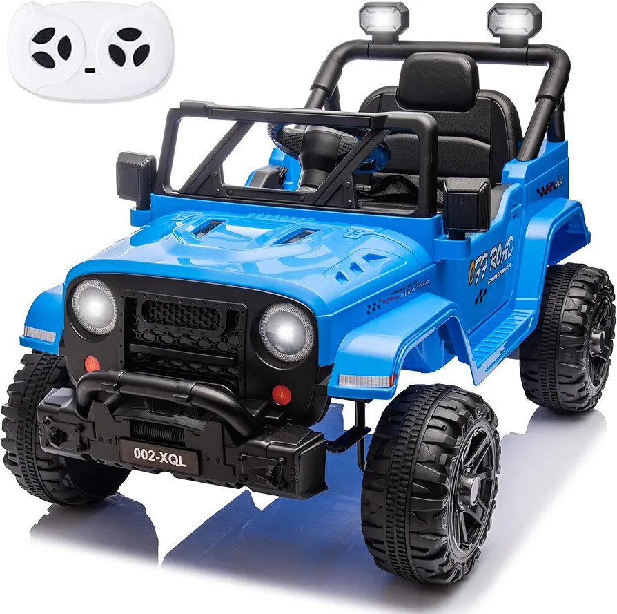 sopbost 12V 7Ah Ride On Truck, Long Range Battery Powered Toy Car with Remote, Bluetooth Music Player, LED Headlights & Light Bar, 2WD Kids Electric Vehicle - Blue