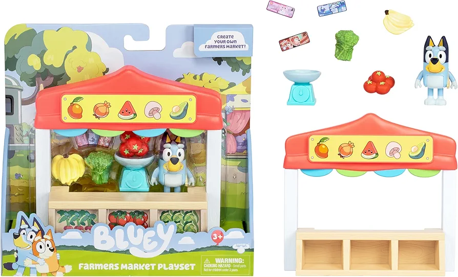 Bluey Mini Playsets Farmers Market Playset | includes Articulated Figure with Shopping Bag and Accessories | with Dollarbucks