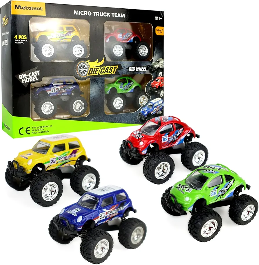 Dear Deer 4 PCS Diecast Cars and Truck for Toddlers, Pull Back Cars for Boys Age 4-7, Big Wheels Truck Set, Die-Cast Toy Trucks for Boys and Girls Aged 3 4 5 6 Years Old