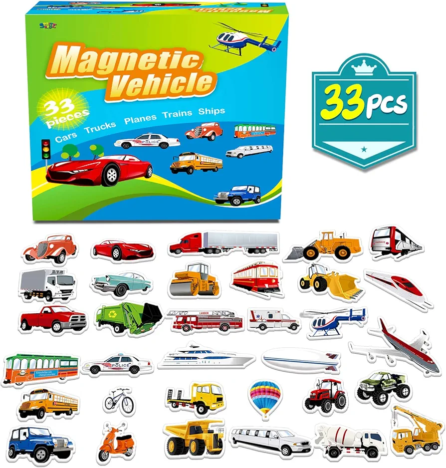 SpriteGru 33 PCS Vehicle Foam Magnets for Toddlers Kids, Perfect for Preschool Learning (Land Air Ocean All Included)