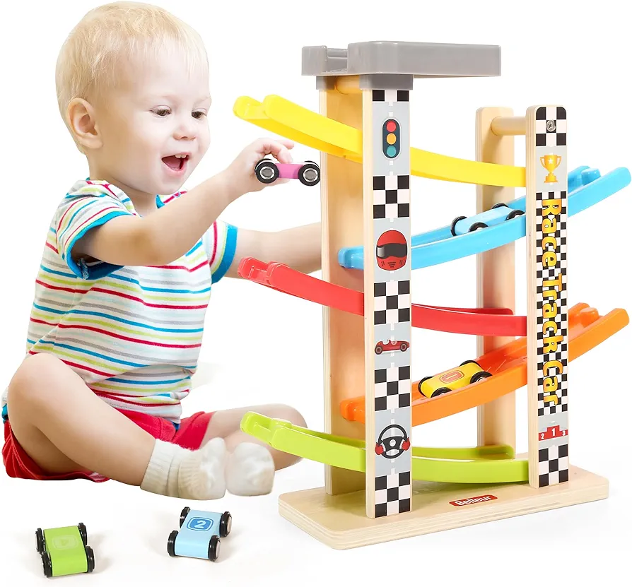 Montessori Toy for 1-3 Years Old Boys and Girls, Kid Wooden Race Track Car, Toddler Ramp Racer Set with 5 Mini Cars & 5 Ramps, Perfect for Babies' Birthday Gifts, Visit Gifts