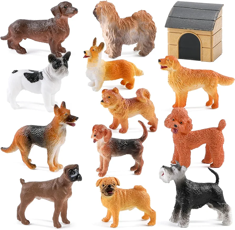 Mini Tudou Dog Figures Play Set,12 pcs Realistic Dog Figurines Toys w/ Dog House,Durable Solid Body Puppy Figurines Sheepdog,Golden Retriever for Cake Topper,Educational Toy,Collection and Decorations