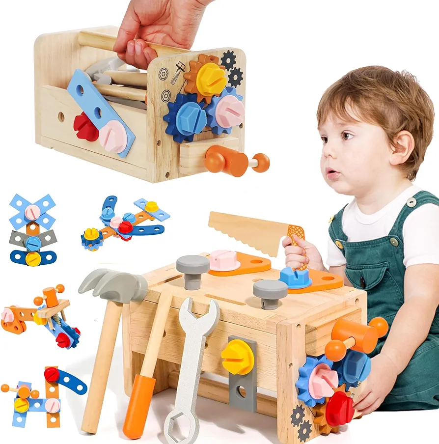 Wooden Tool Set for Kids - 38 Pcs Educational STEM Toys Toddler Montessori Toys for Age 2-4 1-3, Learning Construction Preschool Gifts for Boys Girls 2 3 4 5 Year Old, Birthday Gifts for Kids