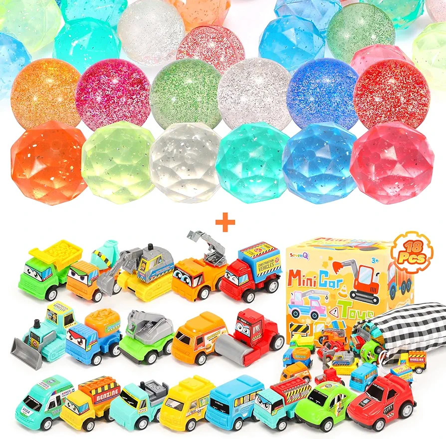 Bouncy Balls 24Pcs & 18Pcs Toy Cars for Kids Pull Back Cars Party Favors Easter Egg Fillers Goodie Bag Stuffers