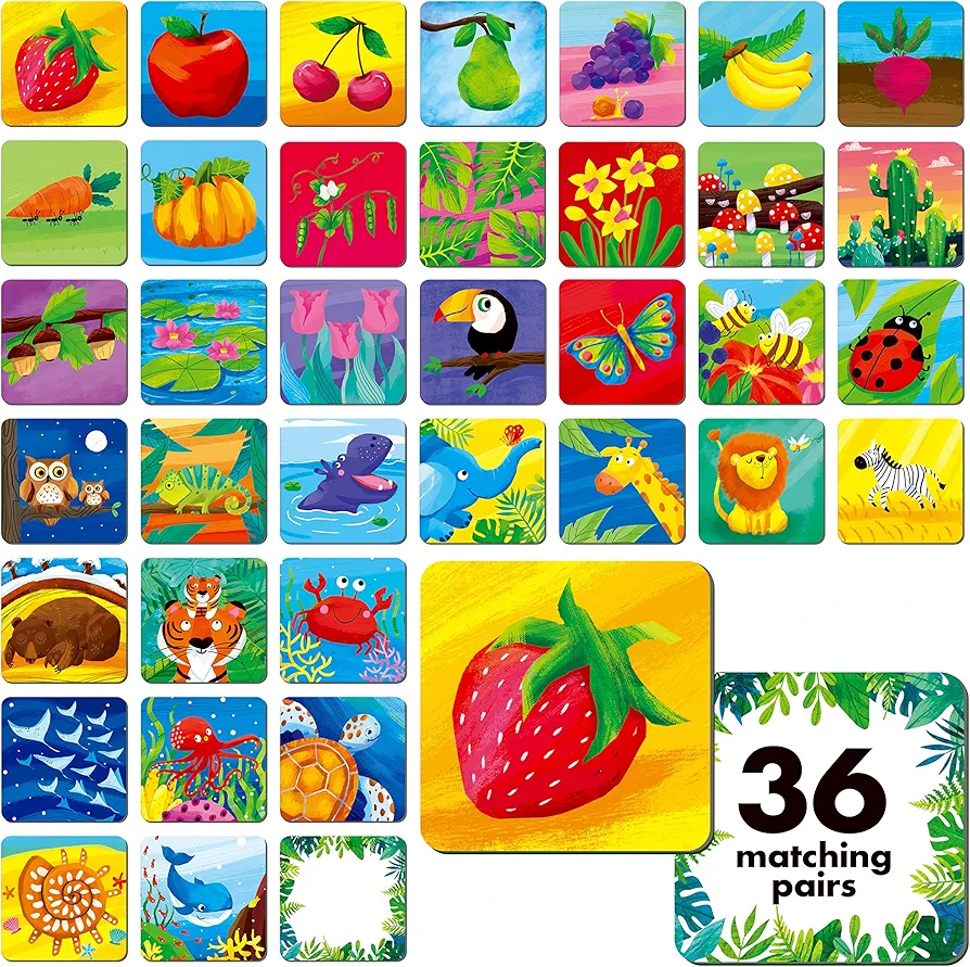 Hebayy Memory Matching Game, 72 PCS Nature Theme Matching Cards for Toddlers 36 Pairs Memory Cards for Preschool 4 5 6 Years Old