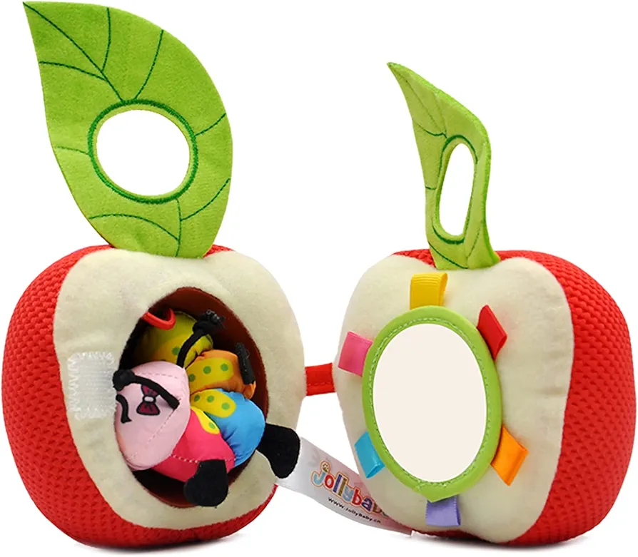 Jollybaby Newborn Plush Stuffed Fruit Rattle Toy for Stroller Car Seat Crib, Montessori Sensory plush Apple Toy with Rattle and Mirro Toy for Baby 0-6-12 Months, Infant Baby Boy & Girl Shower Gift