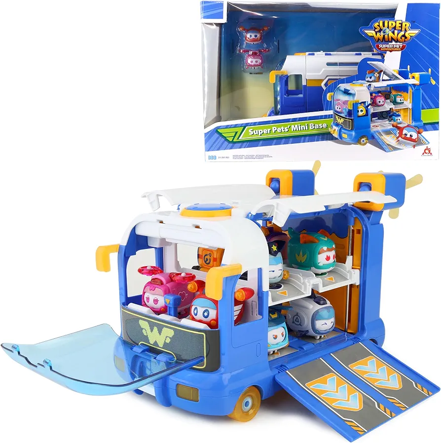 Super Wings Season 7 New Super Pets’ Mini Base，Transforming Playset Transform from Bus to Aircraft , with Super Pets Jett Dizzy, Role Play Toys for Kids, Gifts for Girls Boys Age 3 and Up