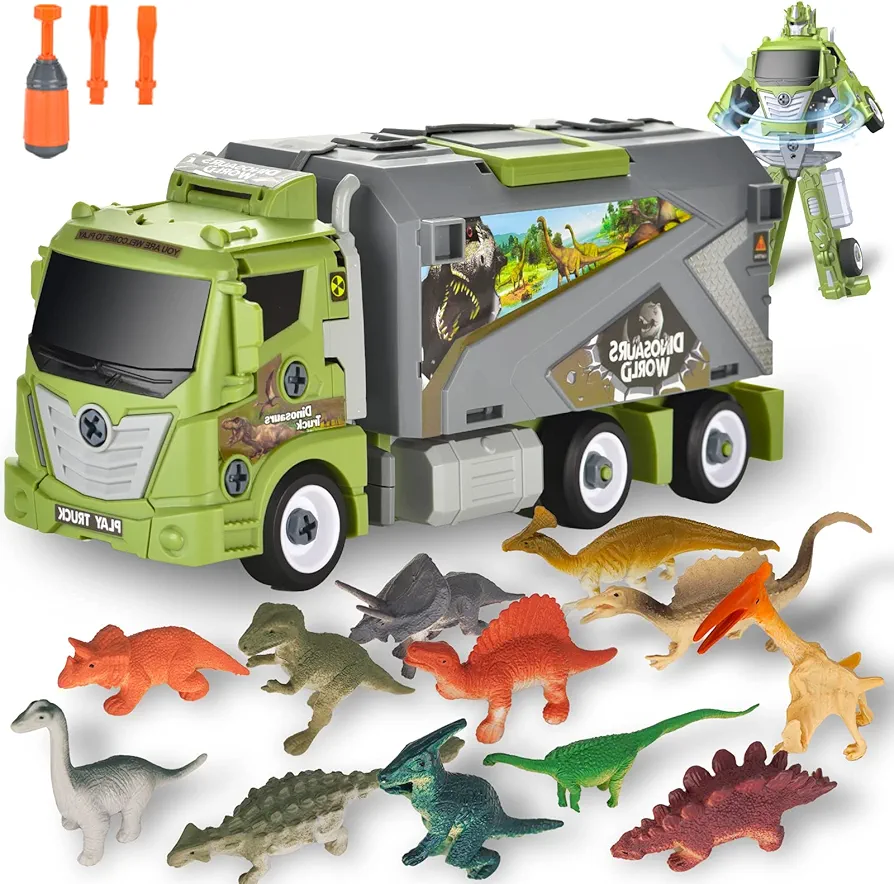 Toys for 3 4 5 6 Year Old Boy Girl, 3 in 1 Dinosaurs Transport Truck Can Transform Robot with 12 Dinosaur Figures, Carrier Truck Car Playset Toy Car for Toddlers Christmas Birthday Gifts