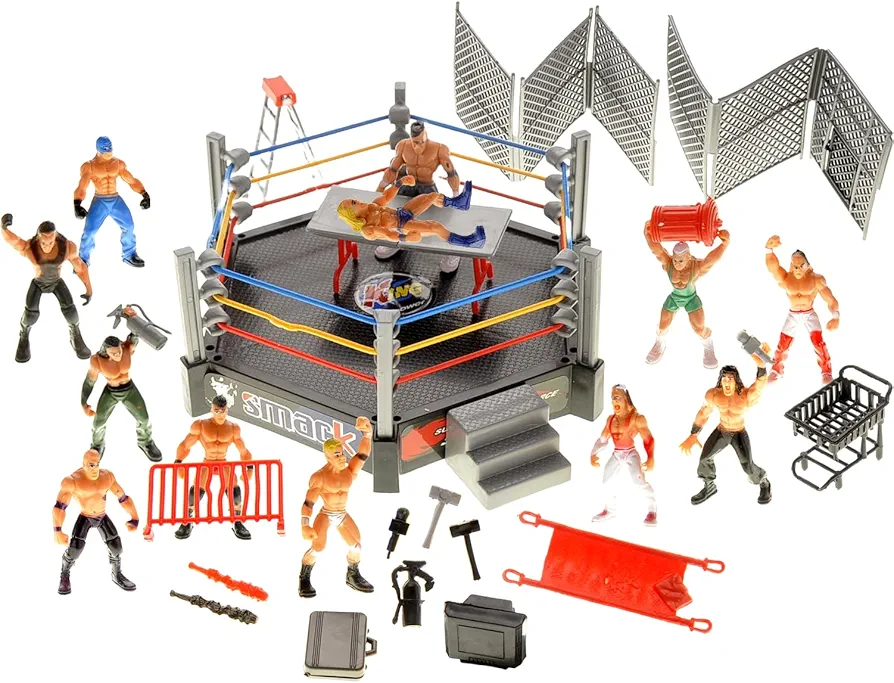 PowerTRC 32 Pcs Wrestling Toys for Kids, Wrestler Play Set with 2 Wrestle Rings Style, 12 Super Wrestlers, Many Realistic Accessories, Toy Figures Cake Topper Birthday Party Decoration Play Set Gift