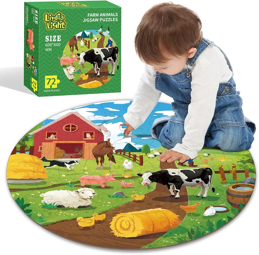 Farm Animals Round Jigsaw Puzzles,72 Piece Round Large Floor Puzzles for Toddler Ages 3-5,Children Learning Preschool Educational Toys,Birthday Gift for 4-8 Years Old Boy Girl