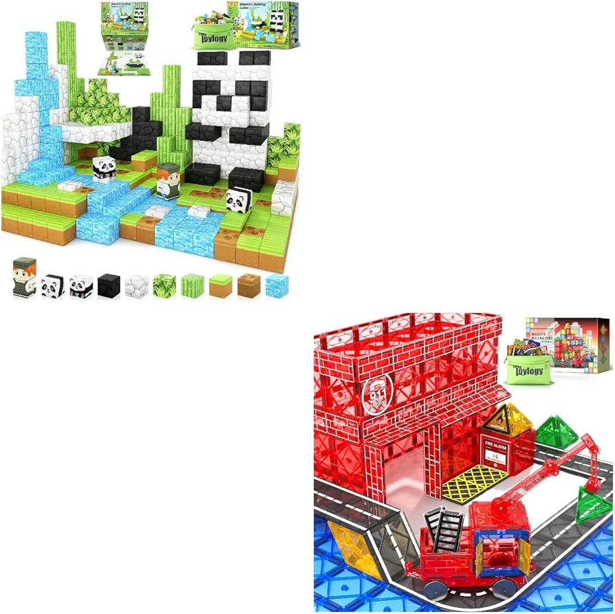 110PCS Magnetic Blocks-Build Mine Magnet World Panda Magnetic Tiles Road Set with Magnetic Crane Car Toys for Boys Girls Gifts