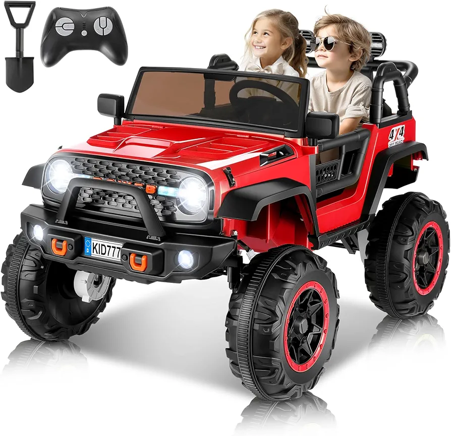 Hikole 24V Ride on Toys with Remote Control, 2 Seat Power Ride on Wheels Kids Electric Car with 20" Extra Width, 4X100W Engine, Music, Suspension, 2 Safe Belts, Two Seater Car for Girls Boys - Red