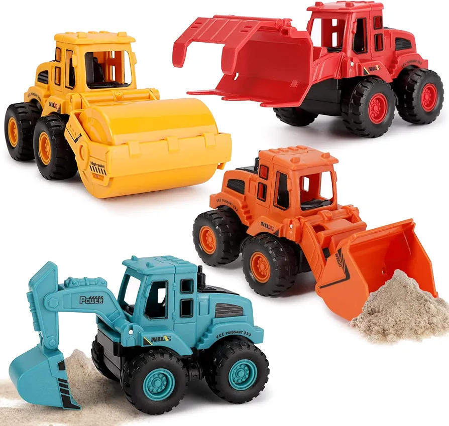 4Pcs Construction Toys,Friction Powered Construction Truck Toys Vehicles,Push and Go Construction Sand Truck Toys,Outdoor Toys with Bulldozer Excavator Roller Truck Gift for 3 4 5 6 7 8 Year Old Boys