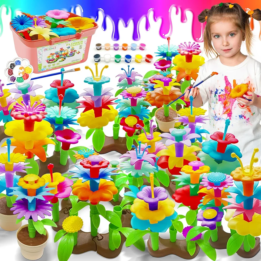 Paint Your Own Flower Garden Building Toys for Girls,Arts and Crafts Kit for Toddlers, 62 PCS Educational STEM Toy and Preschool Play Garden Painting Set for Kids Ages 6 7 8 9 10 11 12