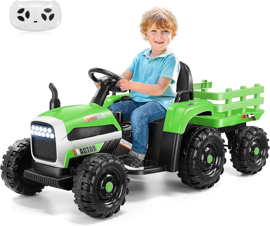 Hikole 12V Toddler Tractor with Remote Control, Kids Ride on Car with Trailer, Bluetooth&USB, 2x30W Dual Motor, 3-Gear-Shift 11-LED Lights, Horn, MP3 Audio, Music, Safety Belt- Green