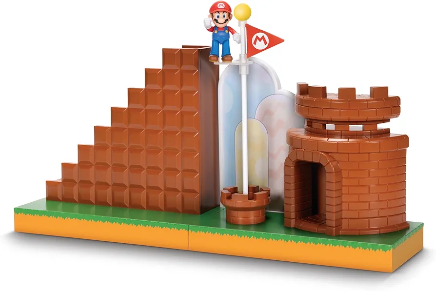 Super Mario Nintendo 2.5" Action Figures Course Complete Playset with Mario Figure, Interactive Stairs, Flagpole, Castle, and Base Platform