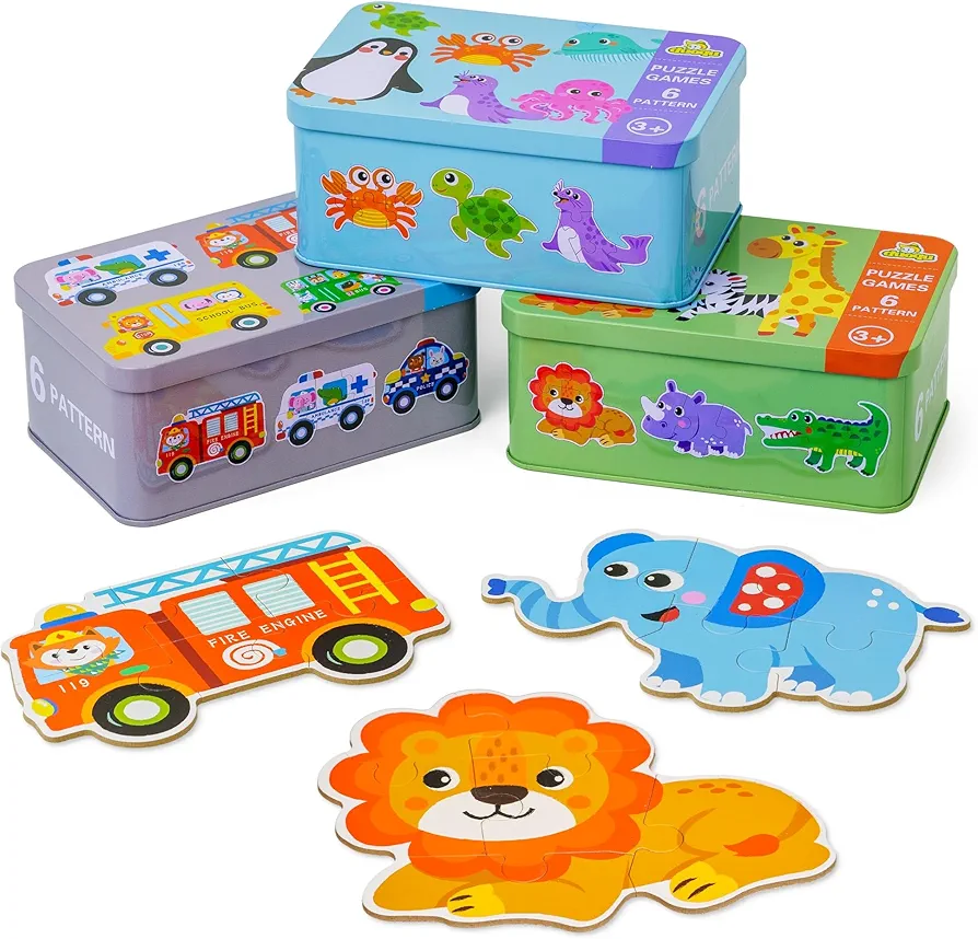 Montessori Wooden Puzzles for Kids Ages 3-5 - 3 Pack with 18 Shapes - Educational Toddler Toy Bundle - Gift for 3 Year Old Boys Girls - Wild Animals, Marine Animals & Cars Theme