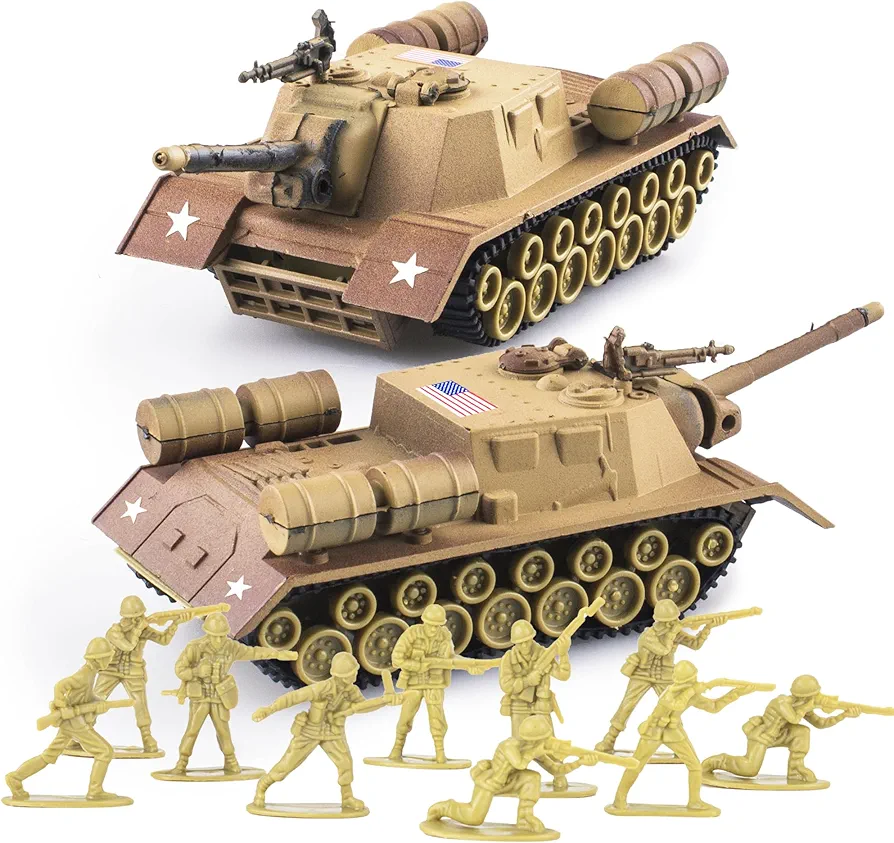 US Army Tank and Army Men Toys Playset, 2pc US Tank-1 Models with 10pc Toy Soldiers, Desert Tan 1:72 Military Vehicle, Ideal Military Toy Set for Kids Boys