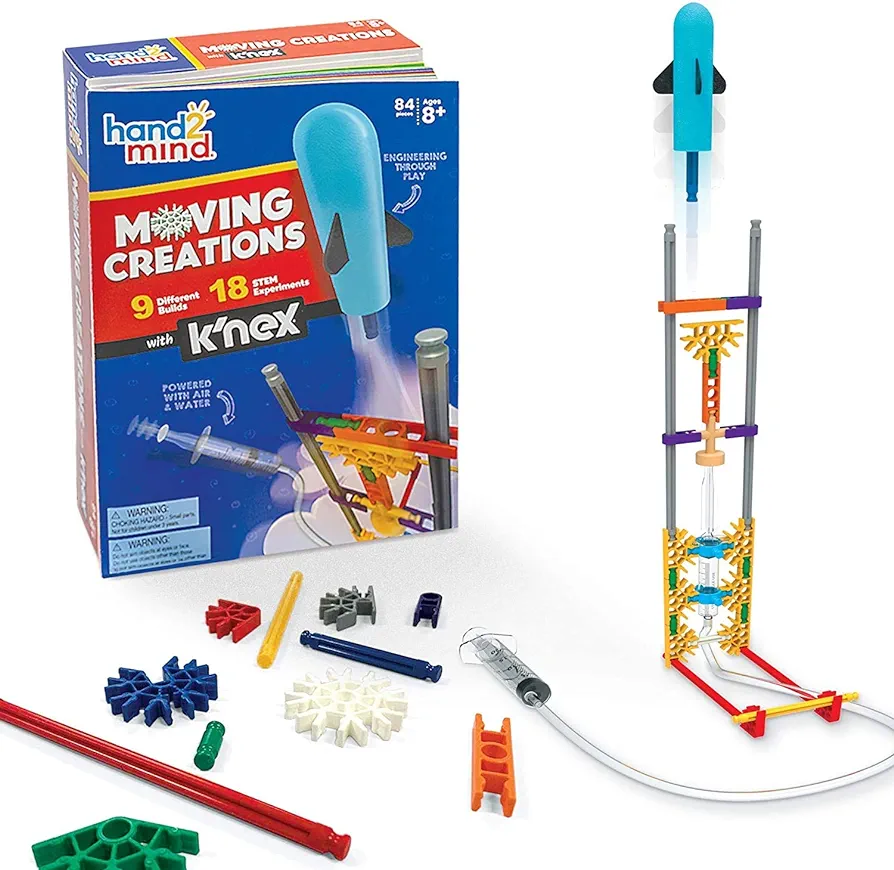 hand2mind Moving Creations with K'NEX, Book and Building Kit for Kids Ages 8-12, 9 Models & 18 Science Experiments, Explore The Science of Air and Water, Homeschool Science Kits