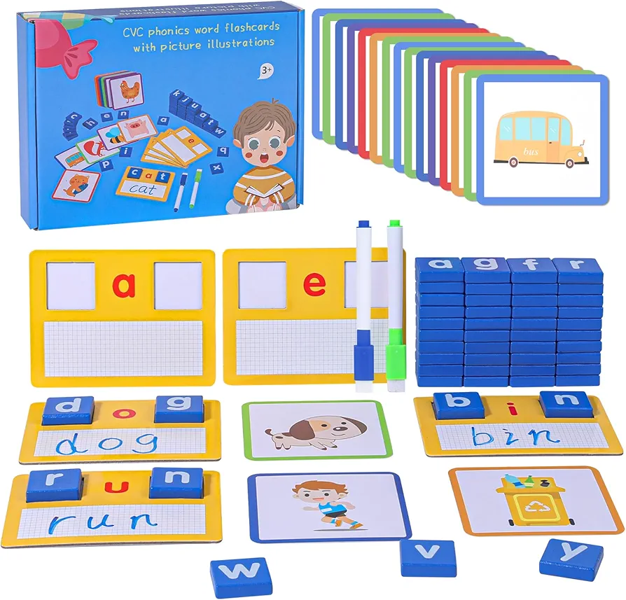 CVC Short Vowel Reading Handwriting Letters Sorting Spelling Games,Montessori Educational Toy Gift for Kids 3 4 5 Years Old,Sight Words Vocabulary Flashcards Preschool Kindergarten Learning Activities