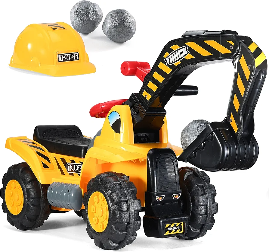 Play22 Toy Tractors for Kids Ride On Excavator - Music Sounds Digger Scooter Bulldozer Includes Helmet with Rocks - Pretend Play - Toddler Construction Truck