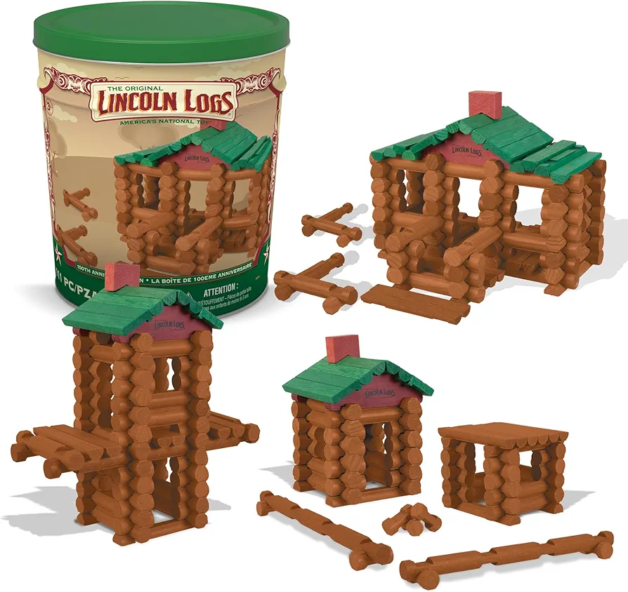 Lincoln Logs – 100th Anniversary Tin, 111 Pieces, Real Wood Logs - Ages 3+ - Best Retro Building Gift Set For Boys/Girls - Creative Construction Engineering - Preschool Education Toy