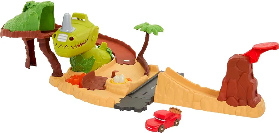 Disney and Pixar's Cars Toys, Dinosaur Playground Playset with Lightning Mcqueen Toy Car, Dinosaur and Kid-Activated Action, Cars on the Road