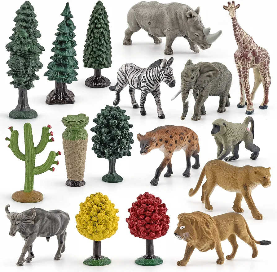 South African Animals Model Toy Playsets 17 PCS Lion White Rhino Spotted Hyena Zebra Buffalo African Elephant Giraffe Model Party Favors Toy Christmas Birthday Gift for Kids Toddlers