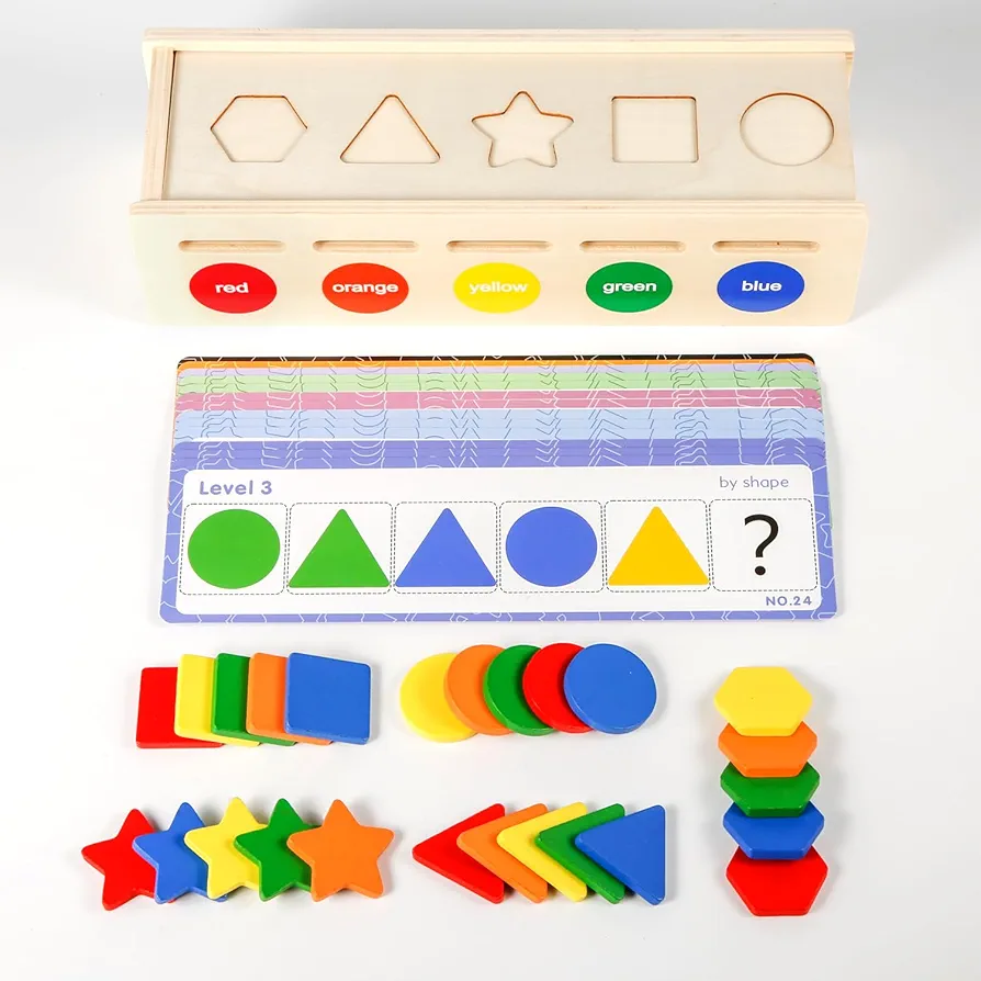 Wooden Color Shape Sorting Box, Montessori Toys Color Shape Sorting Toy Preschool Early Learning Educational Toy for Baby Boy Girl Toddlers