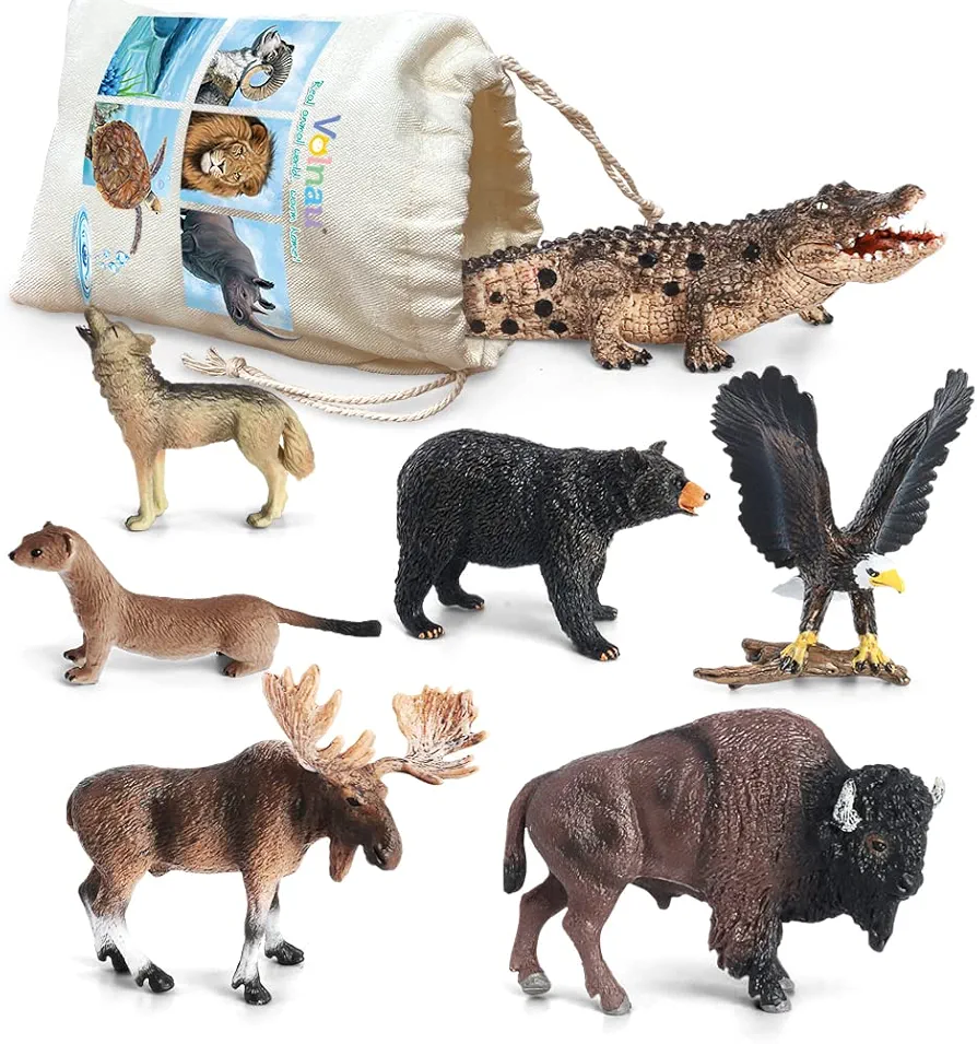 Volnau Safari Animal Figurines Toys 7PCS North America Figures Zoo Pack for Toddlers Kids Christmas Decoration Gift Preschool Educational Moose Wolf Bear Jungle Forest Woodland Set