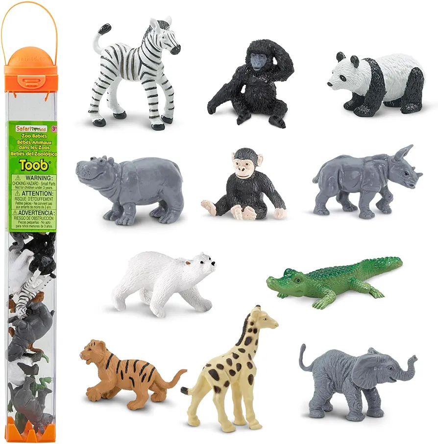 Safari Ltd. Zoo Babies TOOB - 11 Figurines: Zebra, Panda, Hippo, Chimpanzee, Rhino, Alligator, Gorilla, Elephant, Tiger, Polar Bear, Giraffe - Educational Toy Figures For Boys, Girls & Kids Ages 3+