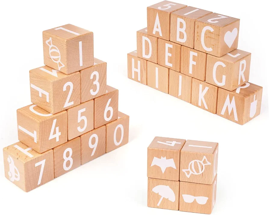 Wooden ABC Building Blocks Number 26 PCS Alphabet Letters Stacking Blocks and Educational Stacking Toys for Toddlers - Preschool Early Learning Wood Blocks Montessori Toys